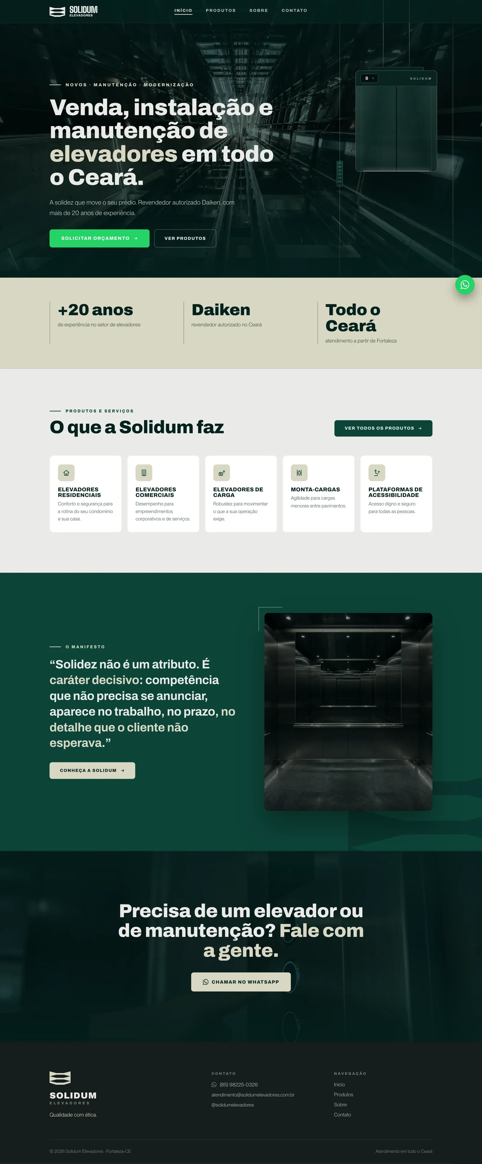 Site da Solidum Elevadores, página inicial